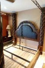 KING SIZE POSTER BED WITH PADDED HEADBOARD AND SHELL CARVING THE POSTS ARE