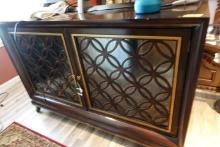 WALNUT 2 DOOR ENTERTAINMENT CENTER WITH CARVED LATTICE 59 X 20 STANDS 38 IN