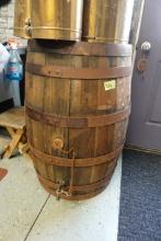 WOODEN BARREL WITH SPIGOT APPROX 3 FT TALL