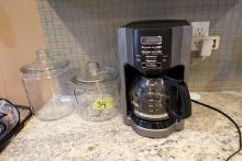 COUNTER TOP LOT INCLUDING MR COFFEE AND TWO CLEAR GLASS CANISTERS