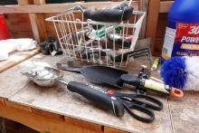 SHELF LOT INCLUDING GARDEN TOOLS FERTILIZERS ETC