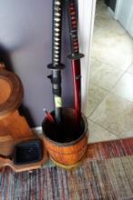 TWO SAMURAI SWORDS AND ANTIQUE WOODEN NAIL KEG