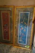 PAIR FRAMED UNDER GLASS ORIENTAL SILK LOVE BIRDS 24 X 10