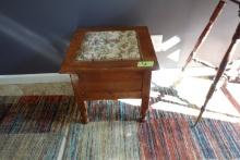 ANTIQUE OAK COMMODE STAND WITH UPHOLSTERED TOP