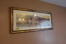 SEASCAPE FRAMED UNDER GLASS MAN ROWING APPROX 43 X 19