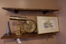 SHELF LOT WITH BRASS LAMP BRASS US ARMY EMBLEM WATERCOLOR ETC