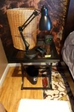 WROUGHT IRON NIGHT STAND AND CONTENTS OF CLOCK WASTE BASKET AND LAMP