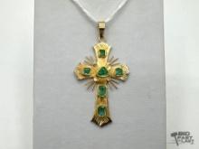 14K Gold Emerald Cross Pendant, 2.41g