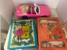 Barbie in convertible And two vintage doll cases with doll clothes