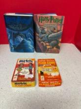 Two Harry Potter books and vintage flashcards