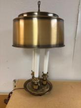 Library desk table, lamp, burnished metal