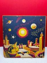 mid-century space panel planets, rockets futuristic city