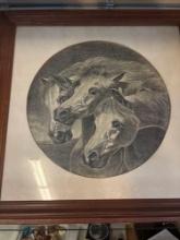 antique frame pencil, drawing of three horses 27 x 27