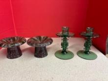 Two pairs of vintage glass candle holders