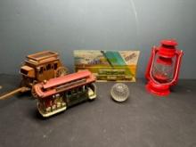 John Deere diecast hauler, lantern, Paperweight, etc.