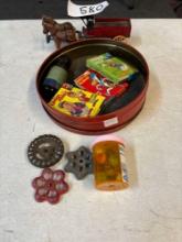 Vintage playing cards, marbles, horse, and carriage, etc.