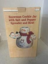 Homespun holidays snowman cookie jar with salt and pepper, spreader, and bowl