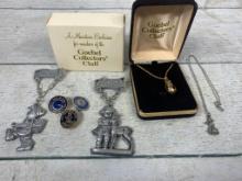 Group of Vintage Goebel Collectors Club Pewter Medals, Pins, and Sterling Charm on Chain