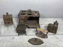 Vintage Cast Iron stove Salesman Sample. Still Coin Building Banks., Pair of antique Irons