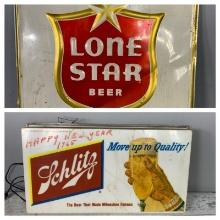 Vintage Embossed Metal Lone Star Beer Sign and Vintage Schlitz Lighted Beer