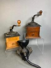 Antique Enterprise No. 00 Cast Iron, and 2 Wood and Cast Iron Coffee Grinders