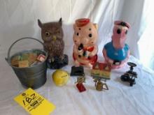 1970s Large Coin Banks, Pail of Blocks, Pencil Sharpeners