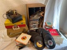 Assortment of 45s Single Discs/Record Players/Smurf Record Player