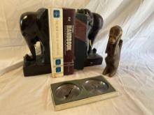 Elephant Book Ends and Books/Bank Coasters/Carved Monkey