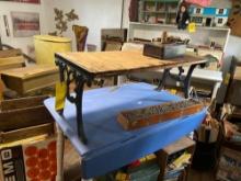 (2) Tables- Blue and White Dropleaf and Cast Iron and Wooden Coffee Table