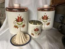 Kitchen Canisters, Tin Measuring and Cups, Graters, Holcomb Soap Dispenser, Hot Plate