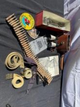 Military Ammo, BK Elliot Binoculars, McArthur Photo, Belts, Silverware, Etc