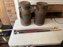 (2)Early Metal Milk Cans/Pool Walking Sticks/Donald Duck Sprinkler