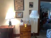 Small Dresser, Floor Lamp, Glassware, Pictures