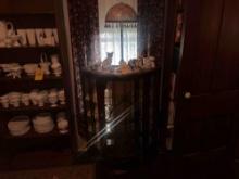 Glass Shelf Curio Cabinet with Cat Figurines and Lamp