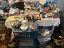 Assortment of Craft Items / Rolling Cart / Table / Cat Figurines