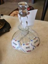 Signed Czech glass bubble decanter with porcelain liquor tags