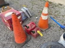 (2) traffic cones, (2) gas cans