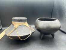 Sinew encased pot, Footed pot etched decor O.P. on base