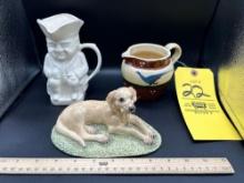 Reclining lab dog, Toby pottery mug, Mocha ware pitcher