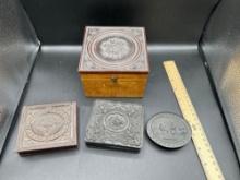 3 Gutta Percha tin type cases, Box with percha lid