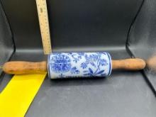 Pottery decorated rolling pin in cobalt and white, marked