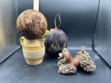 Small mocha ware pitcher, Fancy pottery poodle, Natural feather balls