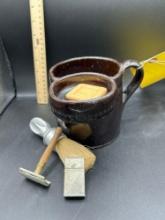 Handmade Pottery shaving mug with razor, brush, blades, nice