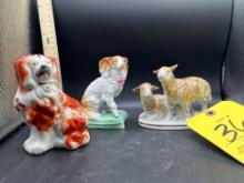 Pottery: German sheep, Dog on pedestal, Staffordshire dog