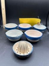 5 Blue and white pottery custard cups, Blue sponged lemon juicer