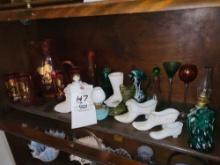 2 Shelves of MCM Art glass, Baskets, 40th Anniversary pitcher set, milk glass boots