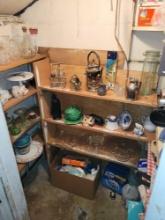 Contents of closet, teacups, silverplate items, press glass, cleaners and more