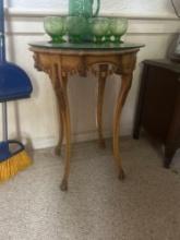 French Provencial glass topped end table and 6 glasses and pitcher set