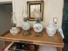 3 handpainted oil lamps and Victorian pitcher