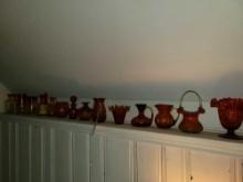 Shelf of MCM vintage glassware, crackle glass, pitchers, baskets and more